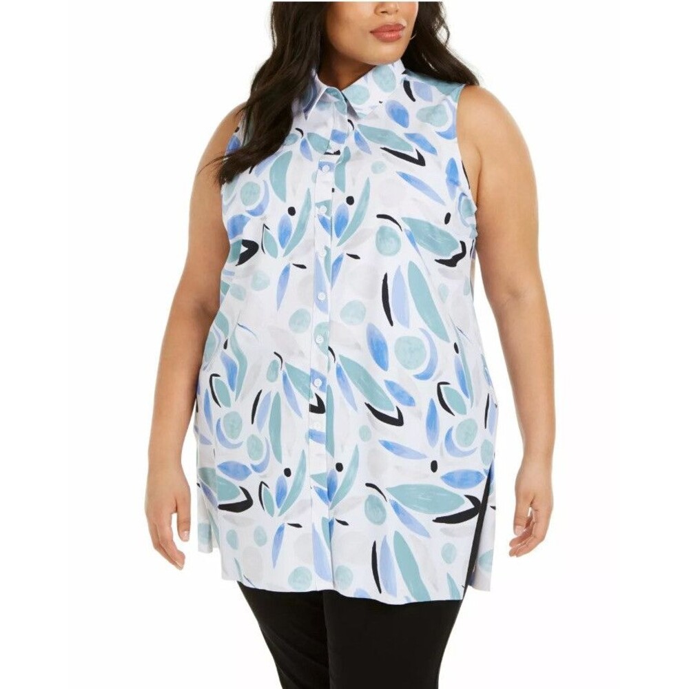 ALFANI Tunic Top Plus Size 3X Printed Stretch Button Sleeveless Breez Beach